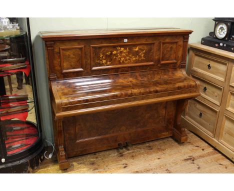 Waldemar, Berlin, walnut and satinwood inlaid overstrung piano together with a piano stool