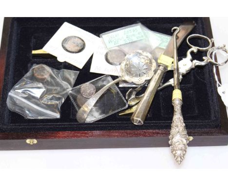 Georgian silver sugar nips, silver sifting ladle, silver handled button hook and knife and various coins