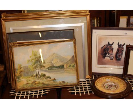 Collection of ten watercolours and prints and Royal Worcester limited edition plate