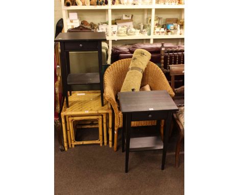 Wicker chair, bamboo nest of three tables, pair of lamp tables, folding card table and two rugs (7)