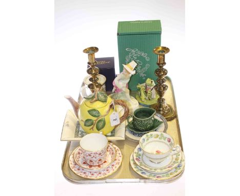 Royal Doulton figure 'Tom, Tom, The Piper's Son'; Beswick Beatrix Potter figure, Majolica style teapot, brass candlesticks et