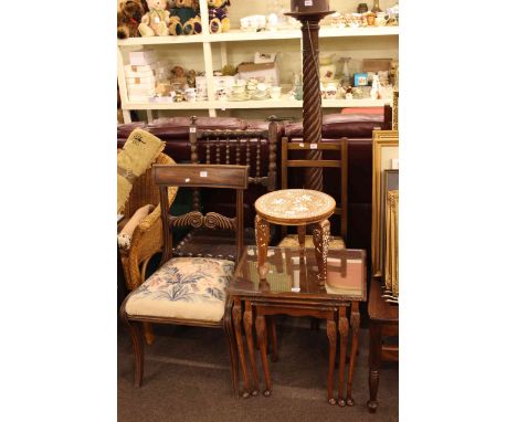 Turned oak side chair, Victorian mahogany bar back side chair, mahogany twist column standard lamp, rush seated chair, nest o