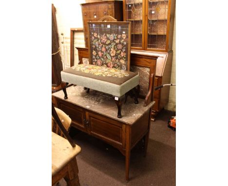 Inlaid mahogany marble topped washstand, overmantel mirror, needlework panel firescreen and matching footstool (4)
