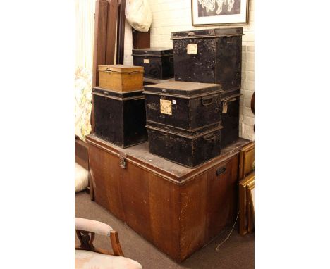 Large tin trunk and collection of eight various tin boxes