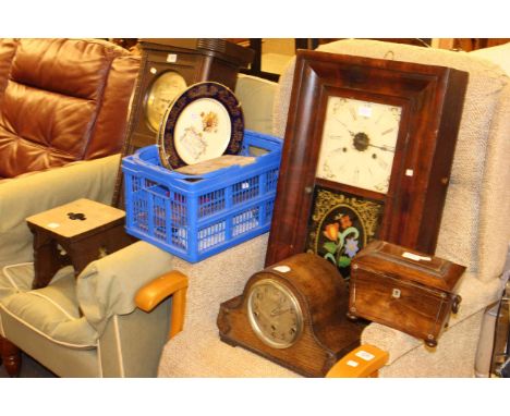Two wall clocks, mantel clock, stool, Victorian rosewood tea caddy, two plates, cutlery and goblets