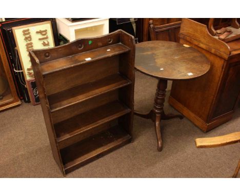 Antique oak tripod occasional table, two Victorian mahogany toilet mirrors, oak glazed door corner wall cabinet, pine stool, 