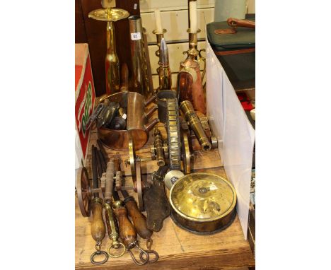 Copper and brass including desk cannons, shell cases, steels, horse brasses, Benson style copper flask, brass spice box, etc