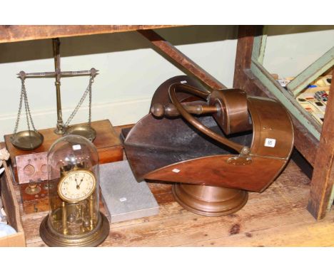 Copper coal scuttle, dome clock, mantel clock, scales, etc