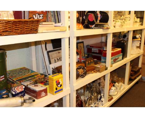 Two model boats including Victory Industries, boot trees, signs, tins, pictures, trunk, bust, pictures, etc