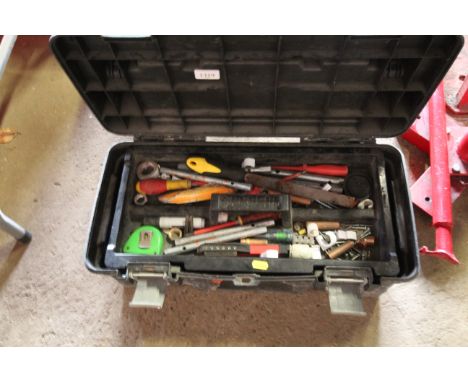 A plastic tool box and contents of various hand tools etc