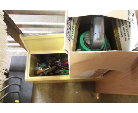 A Hozelock garden sprayer in original box; and a small box and contents of various hand tools etc.