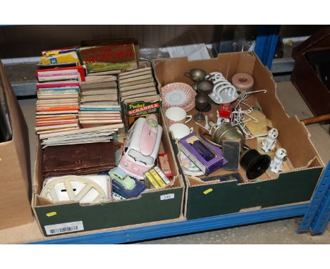 Two boxes containing various Ordnance Survey maps, A Picture Book of Aircraft, Motors and Ships; trophy cups; teaware etc. 