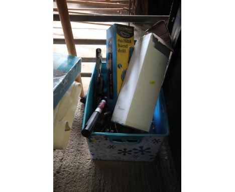 A plastic box and contents of various hand tools to include a hand drill, saws, mole grips etc.