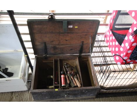 A pine tool box and contents of tools 
