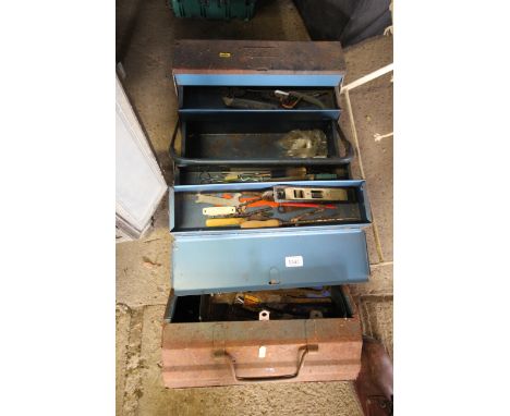 A metal cantilever tool box and contents of various hand tools and another metal tool box