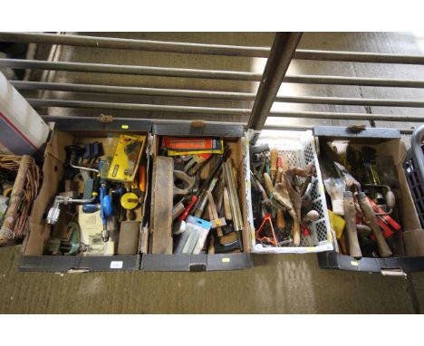 Four boxes of various hand tools to include hand braces, a Fabrex bench clamp, a Record Junior No. 3 G-clamp; garden shears e