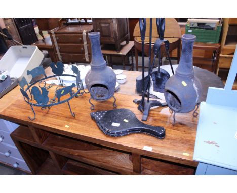 A kitchen utensil hanger; a companion set; a pair of bellows and two small chimineas