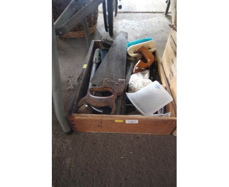 A wooden tray box and contents of various tools, including saw, brushes, hammers etc