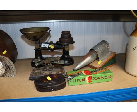 A lacquered trinket box; postage scales; boxed set of dominos; scales and weights etc