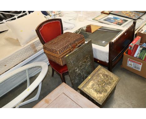 A brass embossed coal, box decorated with tavern scene, similar fire screen, upholstered chair and picnic hamper 