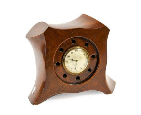 A Laminated Mahogany Mantel Timepiece, made from the centre of a First World War 4 bladed propeller from a BE2C aircraft, the