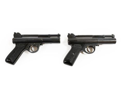 PURCHASER MUST BE 18 YEARS OF AGE OR OVER Two Webley ''Mark 1'' Air Pistols, with blued finish and chequered black plastic gr