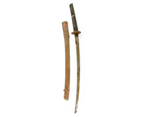 A Second World War Japanese Katana, with 68cm steel blade, unsigned tang, iron tsuba cast with prunus blossom the braid bound