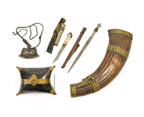 A 19th Century Chang Horn, made from the horn of a water buffalo, decorated with bands of brass embossed with stylised trefoi