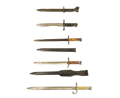 Five Various Bayonets:- a Finnish M1927 Mosin Nagant bayonet by Hackman &amp; Co., with fluted steel scabbard and leather fro