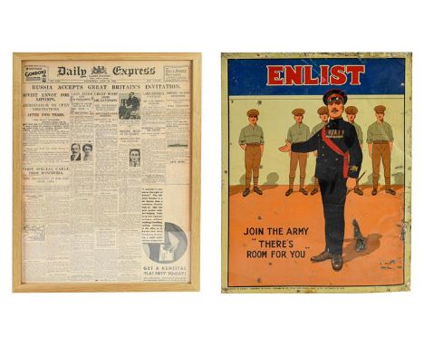An Interwars Printed Tin Recruiting Poster - Enlist. Join the Army ''There's Room for You'', designed by John Hassall and dep