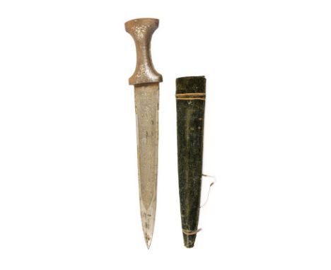 A 19th Century Indio-Persian Khanjar, the 29cm double edge spear point steel blade with reinforced tip, inlaid with tiger, an