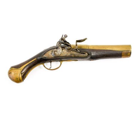 An 18th Century Flintlock ''Man-stopper'' Travelling Pistol by Griffin, London, the 19cm brass barrel with 3cm diameter at th