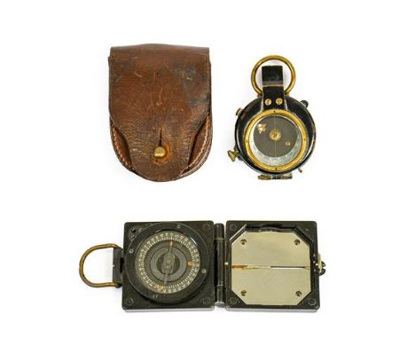A Verner's Type Prismatic Marching Pocket Compass, the mother of pearl dial with luminous arrow, in a black enamelled brass c