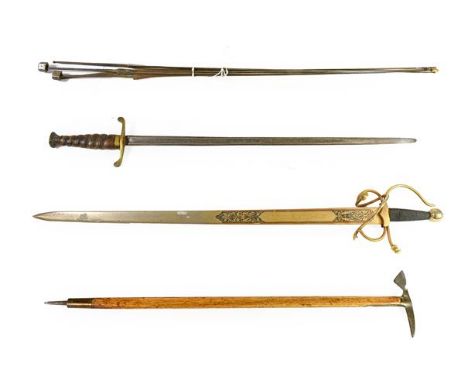 A Victorian Small Sword, the 55cm fullered steel blade with rounded tip, the brass crossguard now upside down, with wrythen f