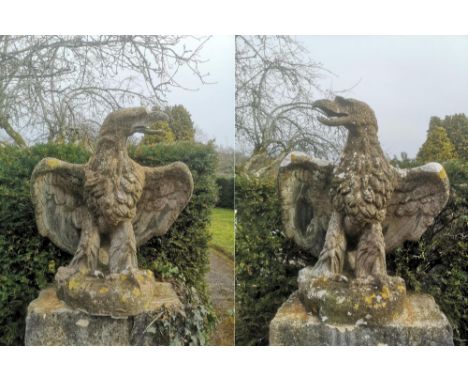 Gate piers and Finials: A pair of composition stone gate pier eagles possibly by Austin and Seeley, 2nd half 19th century, da