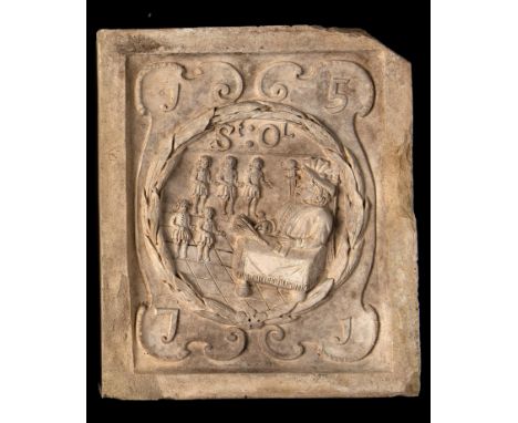 Architectural: A similar Coade stone boundary marker plaque, lacking Coade stamp, 30cm high by 25cm wideProvenance: St Olave’