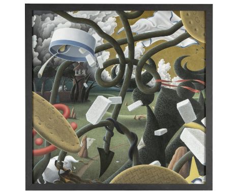 Pictures:▲ Rupert Gatfield (British, born 1959),Surreal Landscape with upturned sugar bowl, Signed R Gatfield, Oil on canvas,