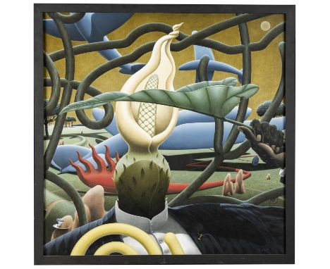 Pictures:▲ Rupert Gatfield (British, born 1959),Surreal Landscape with Orchid and Giant’s hand, Signed R Gatfield, Oil on can