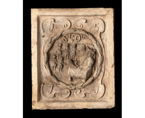Garden statues: A Coade stone boundary marker plaque depicting the seal of St Olave’s school and its foundation date 1571, ci