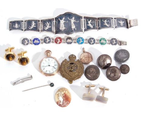 Mixed Lot: sterling Siamese hinged bracelet, a gold plated open faced fob watch, sterling and enamel Siamese brooch, a brass 