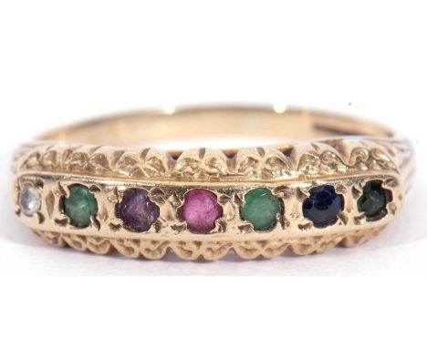 9ct gold 'Dearest' diamond and gemstone ring, set with round cut gemstones, diamond (D), emerald (E), amethyst (A), ruby (R),