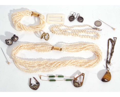 Mixed Lot: three rows of simulated and cultured pearl necklaces, a 14ct stamped cylindrical jade bracelet etc