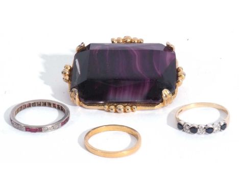 Mixed Lot: precious metal, diamond and ruby full eternity ring, a 22ct gold wedding ring, 2.5gms, a 9ct gold diamond and sapp