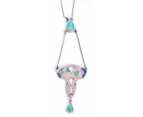 Art Nouveau silver and enamel pendant necklace, blue and green enamel detail (enamel losses), Chester 1910, stamped 'C.H.' ch