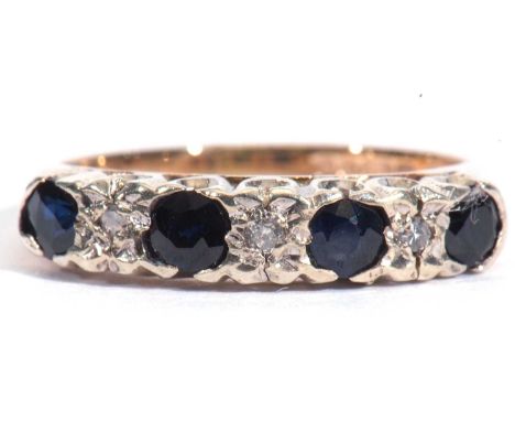 9ct gold sapphire and diamond half hoop ring, alternate set with four round faceted dark sapphires and highlighted between wi