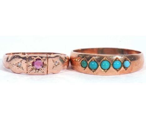 Mixed Lot: antique five stone turquoise ring (a/f), size R, together with a small ruby and diamond three stone ring, marked 3