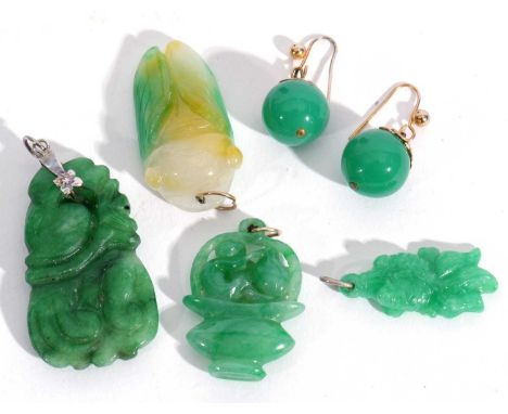 Mixed Lot: modern jade to include four carved pendants and a pair of jade type sphere earrings