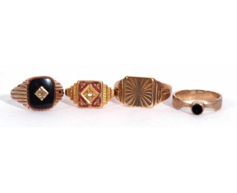 Mixed Lot: 9ct gold onyx and diamond set panel ring, a gents 9ct gold signet ring engraved with a geometric design, a 9ct gol