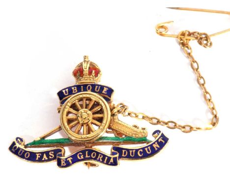 9ct gold and enamel Royal Artillery brooch with Latin script and translucent enamel detail, verso engraved 'Betty' No 14191, 