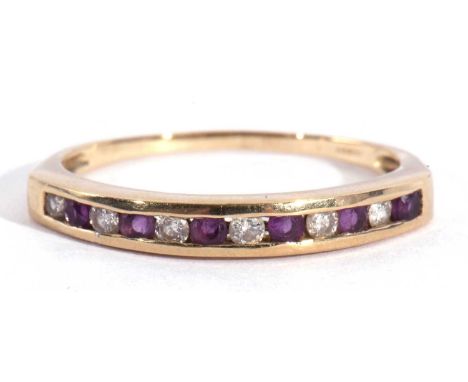 Modern 9ct gold amethyst and diamond half hoop ring, alternate channel set with six round single cut diamonds and six round a